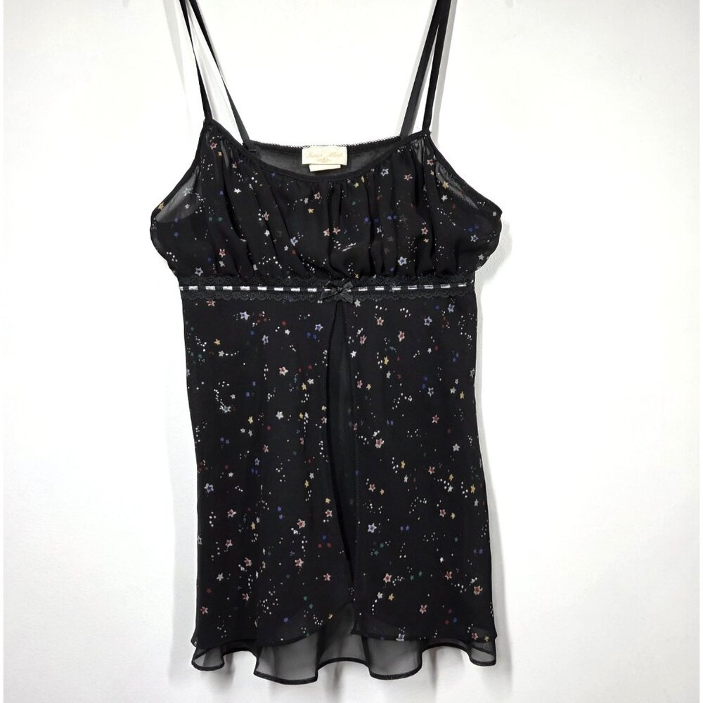 Vintage Inner Most Chemise Large Black Stars Babydoll Lace Trim Top Flyaway